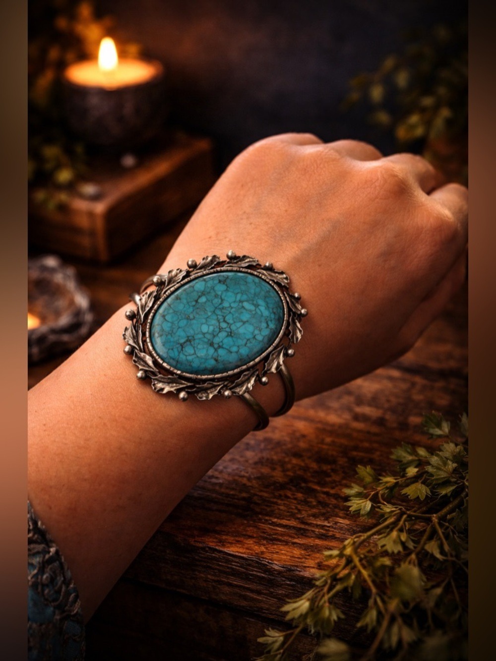 VINTAGE Silver Tone Large Faux Turquoise Acrylic Cuff Bracelet Intricate Detail